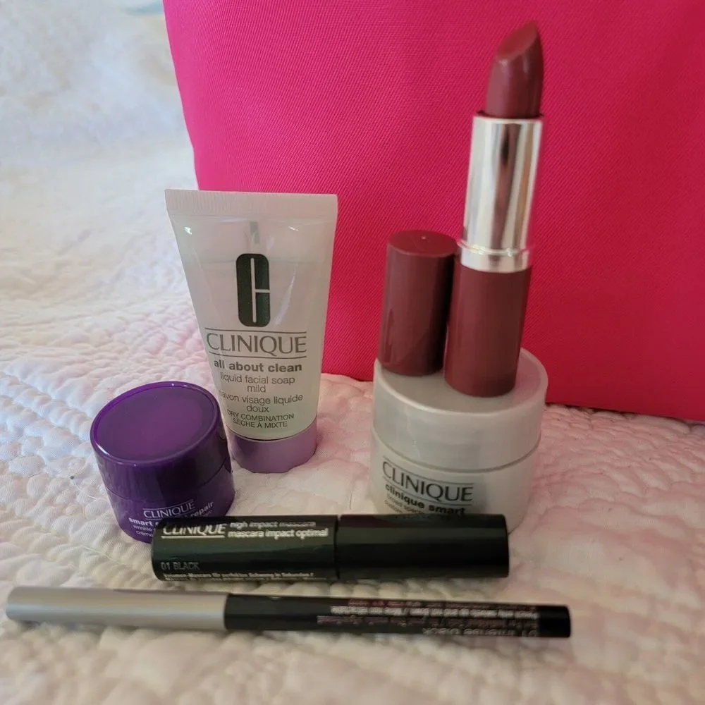 Clinique BIG pink tote bag, Cosmetics bag & makeup set with‎ Travel & Full Size!